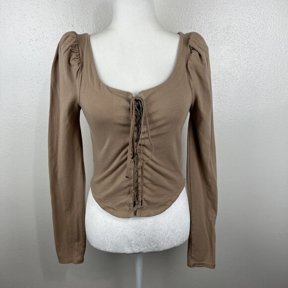 Free People Blouse Women Medium Brown Puff Sleeve Corset Tie Front Scoop Neck - Picture 15 of 15